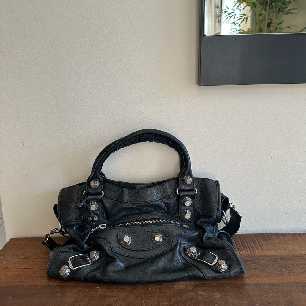 Balenciaga Black Leather Shoulder Bag with Silver Accents